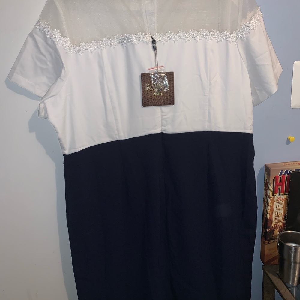 White and navy blue pencil dress